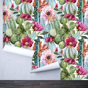 Coloritto Removable Peel 'n Stick Wallpaper, Self-Adhesive Wall Mural, Watercolor Tropical Pattern, Nursery Decor • Tropical Flowers, Roses and Cactus (Sample 12" W x 8" H)