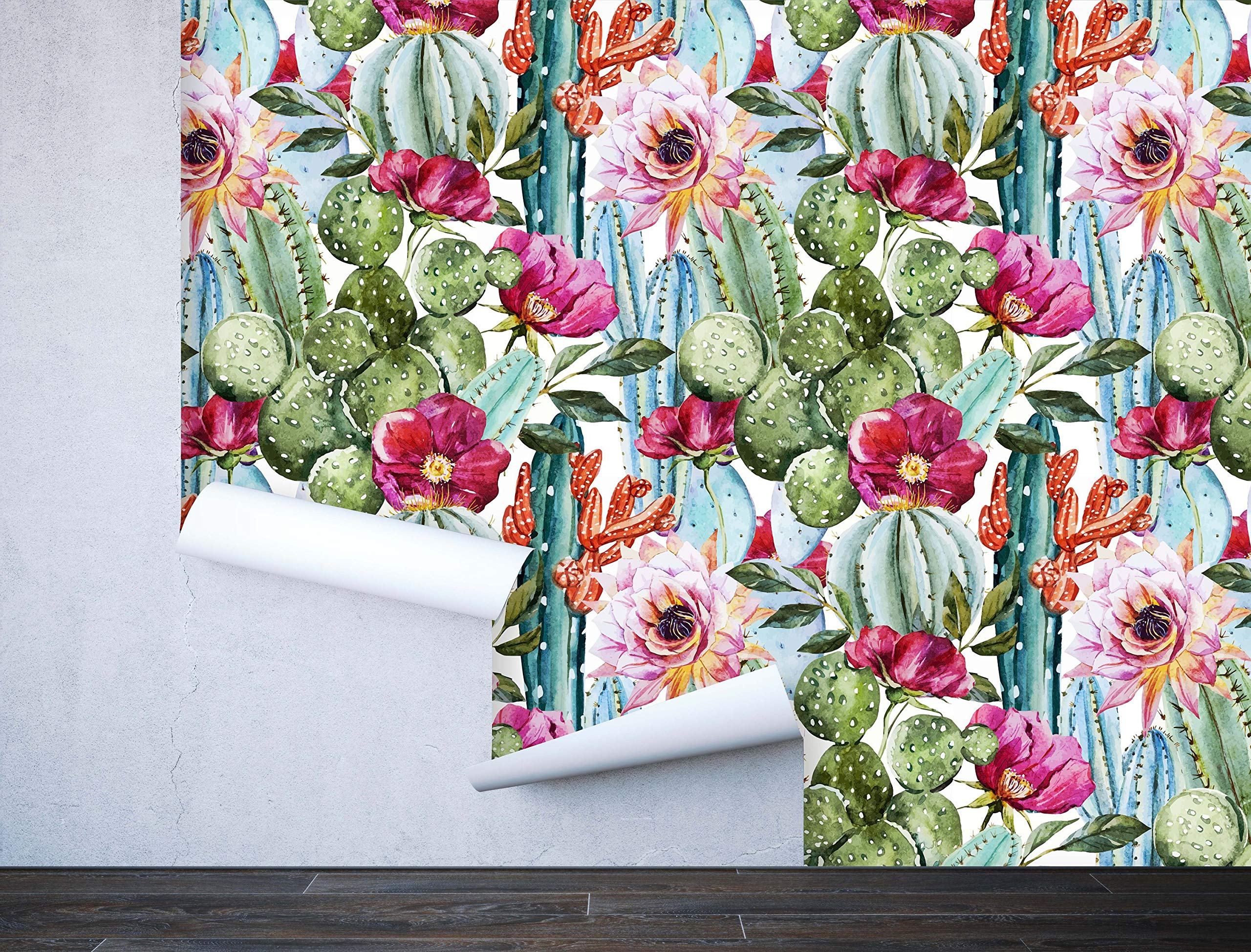 Coloritto Removable Peel 'n Stick Wallpaper, Self-Adhesive Wall Mural, Watercolor Tropical Pattern, Nursery Decor • Tropical Flowers, Roses and Cactus (Sample 12" W x 8" H)