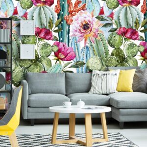 Coloritto Removable Peel 'n Stick Wallpaper, Self-Adhesive Wall Mural, Watercolor Tropical Pattern, Nursery Decor • Tropical Flowers, Roses and Cactus (Sample 12" W x 8" H)