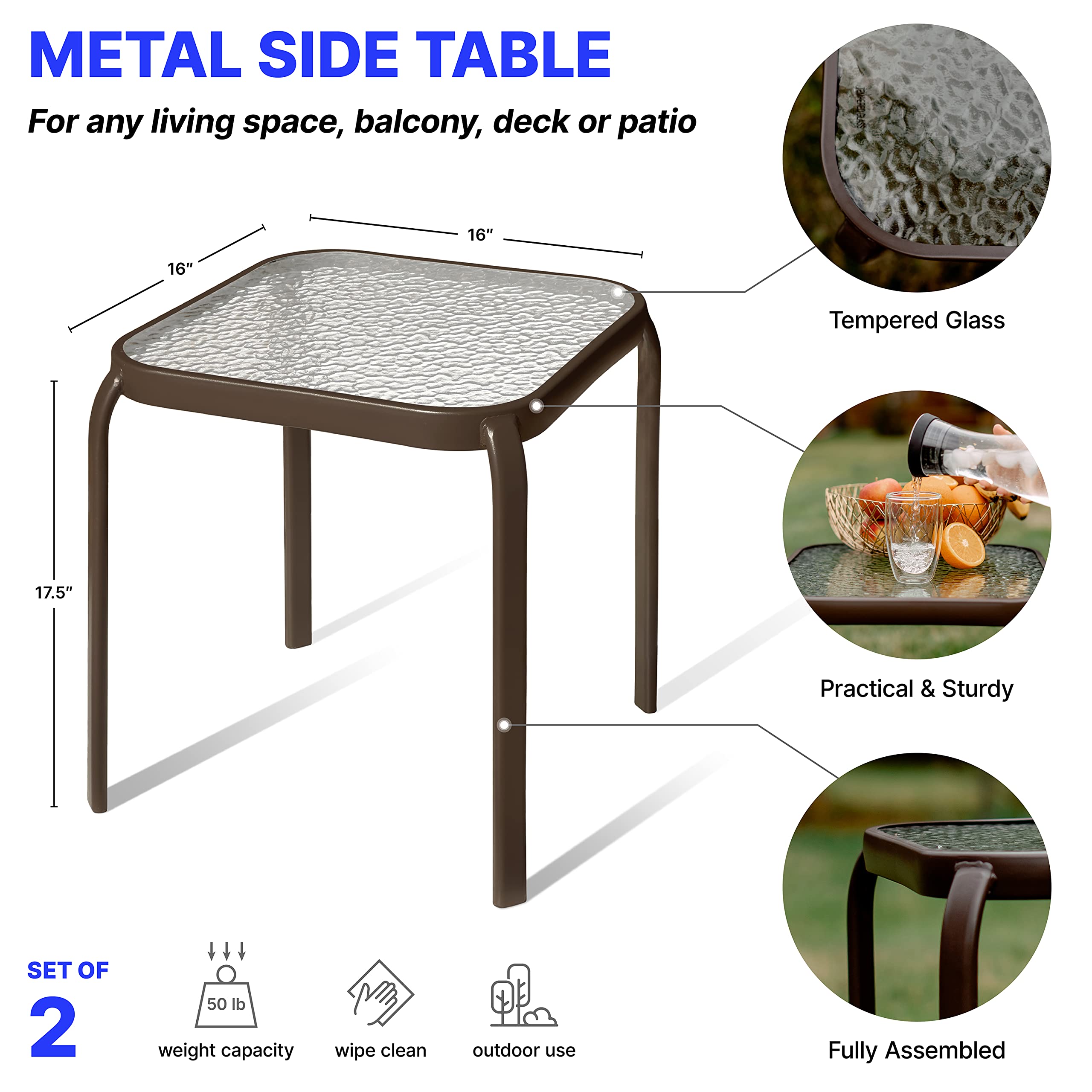 PROLISOK Bronze Metal Outdoor Side Table with Tempered Glass Top Set of 2 – Elegant Small 16" Square Patio Table – Durable Weather-Resistant Coffee Bistro Accent End Table for Outside and Garden