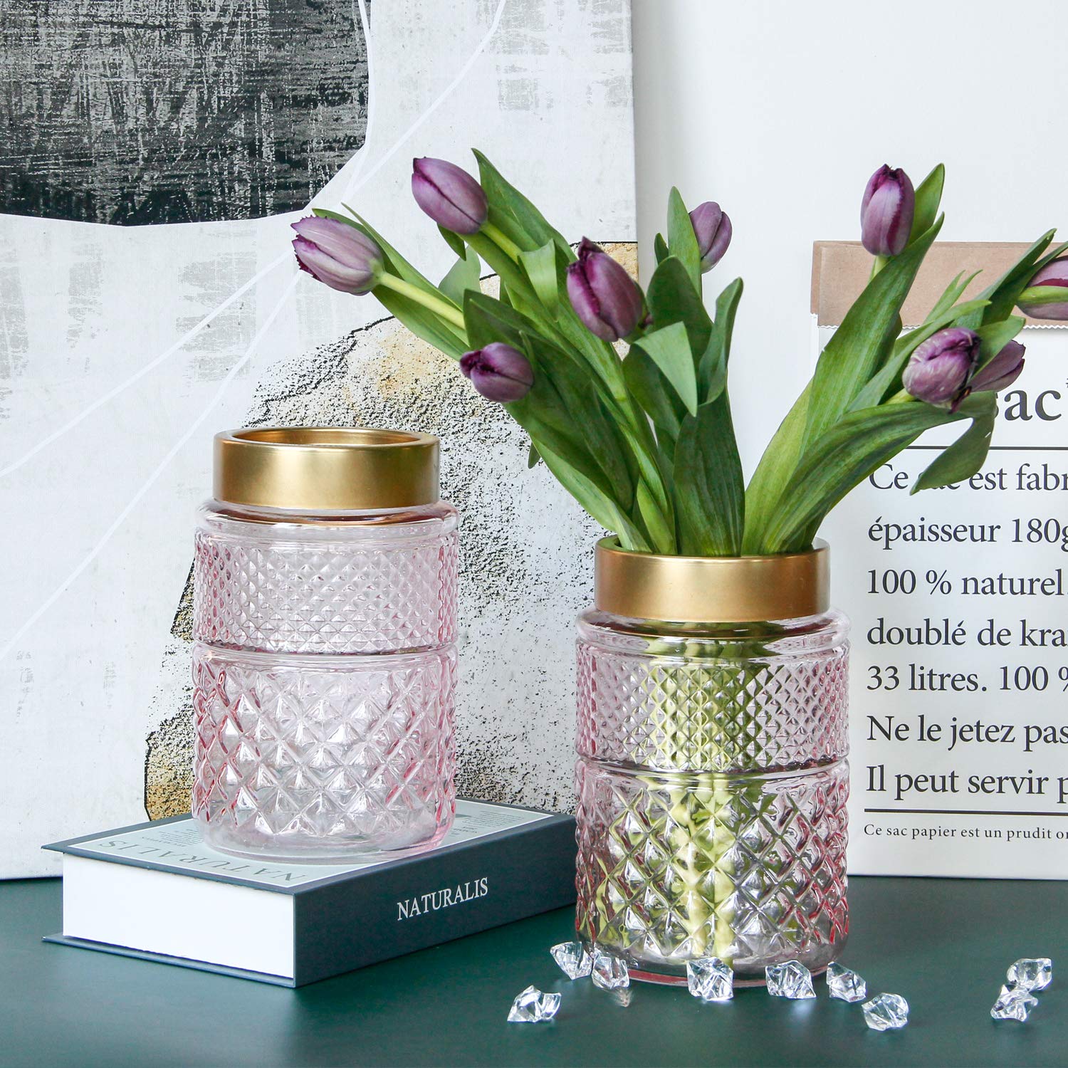 2-Pack Flower Vase Glass, Pink Fluted Vase with Golden Metal Top, Stylish Decorative for Tabletop Centerpiece, Kitchen, Living Room, Bedroom, Bathroom, Office(Blush Pink-Set of 2)