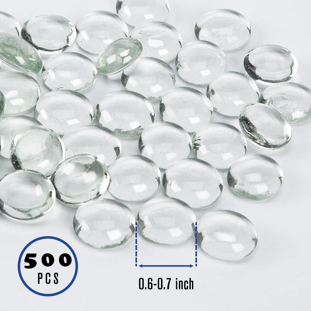 FUTUREPLUS 5 Lb Clear Flat Glass Marbles, 500PCS Clear Flat Gems Transparent Aquarium Pebbles Vase Filler Beads Table Scatters