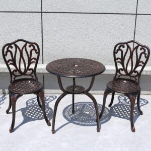 CG 3 Piece Bistro Set, Outdoor Patio Set, Anti-Rust Cast Aluminum Bistro Table Set for Park Yard Front Porch Furniture, Tulip, Antique Copper