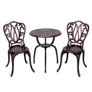 CG 3 Piece Bistro Set, Outdoor Patio Set, Anti-Rust Cast Aluminum Bistro Table Set for Park Yard Front Porch Furniture, Tulip, Antique Copper