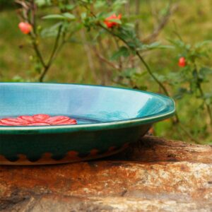 Topadorn Birdbath Ceramic Bowl Decor for Bee Bird Bath Outdoor Garden Vintage Yard,Blue with Red Flower