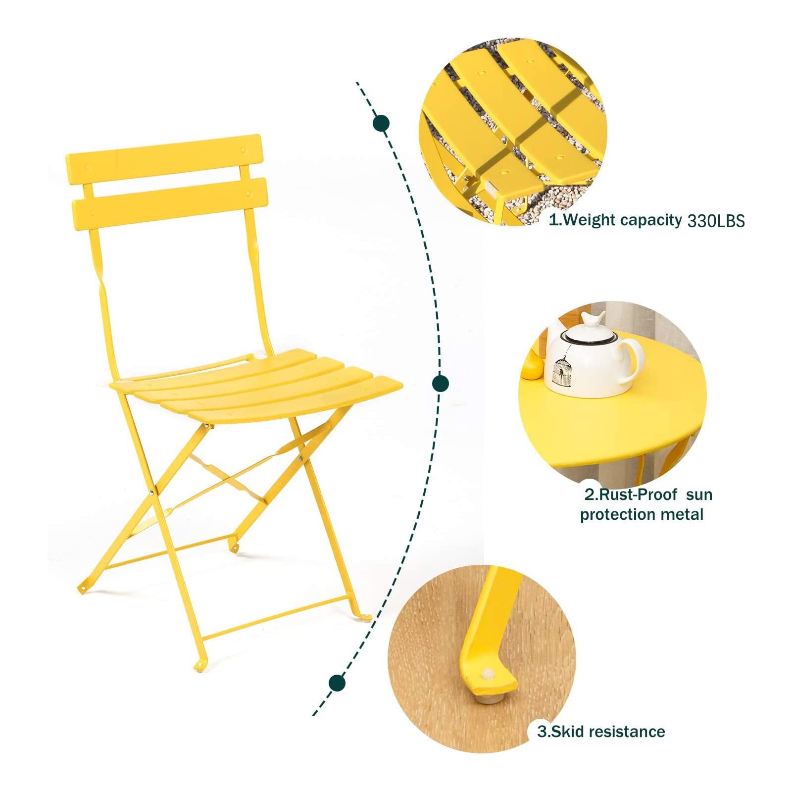 Grand patio 3-Piece Folding Bistro Set, 2 Chairs and 1 Table, Weather-Resistant Outdoor/Indoor Conversation Set for Patio, Yard, Garden-Yellow