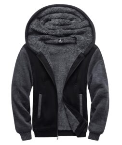 scodi hoodies for men heavyweight fleece sweatshirt - full zip up thick sherpa lined black grey xl