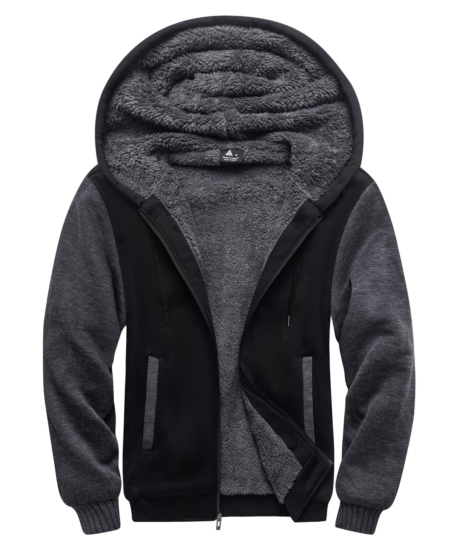 SCODI Hoodies for Men Heavyweight Fleece Sweatshirt - Full Zip Up Thick Sherpa Lined Black Grey XL