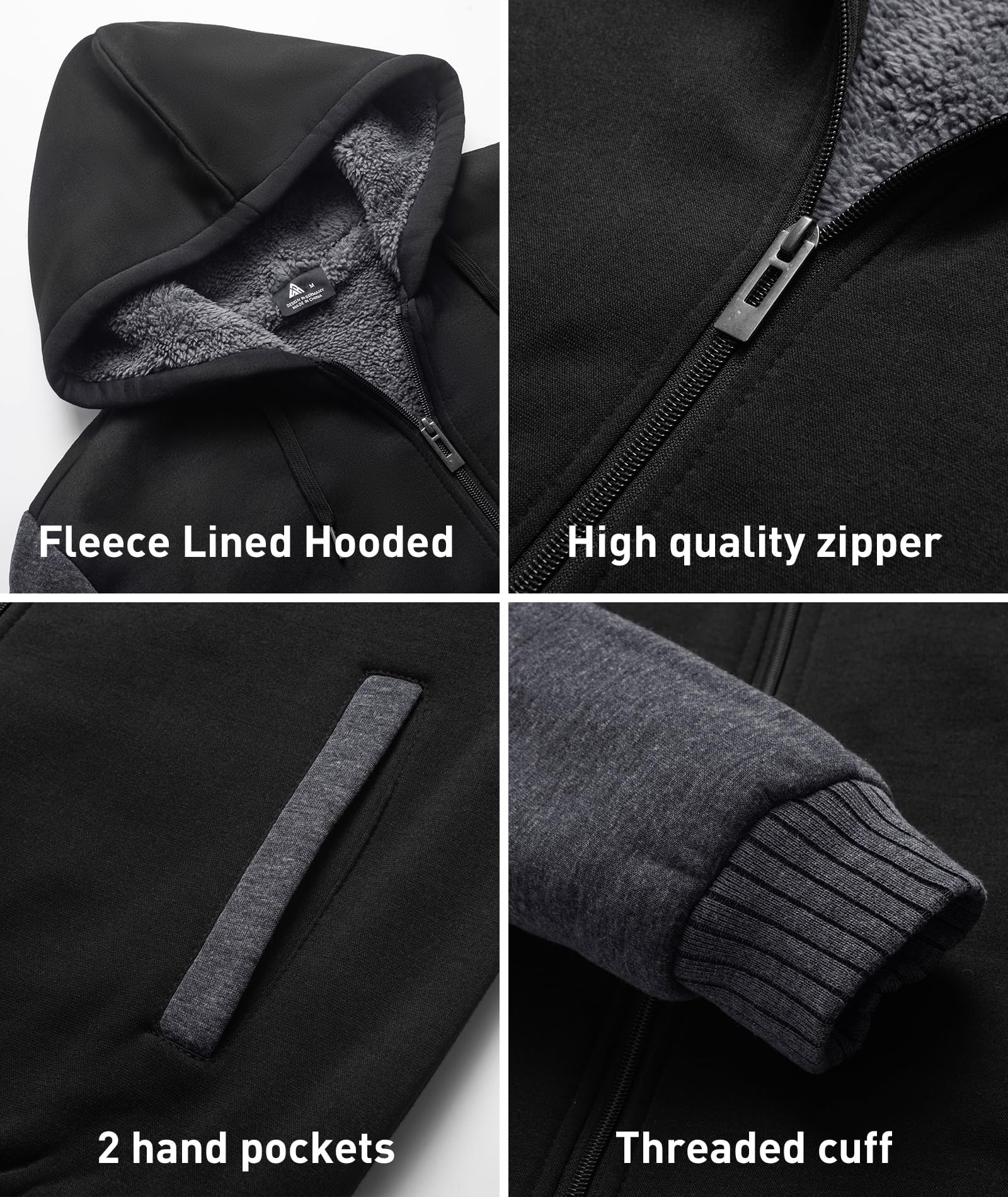 SCODI Hoodies for Men Heavyweight Fleece Sweatshirt - Full Zip Up Thick Sherpa Lined Black Grey XL