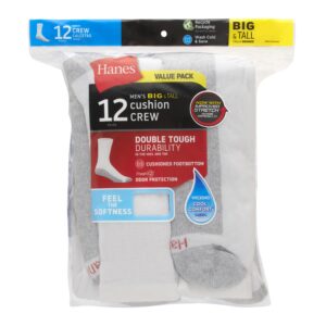 Hanes mens Double Tough Crew Socks, 12-Pair Pack fashion liner socks, White/ Grey Foot Bottom, 12-14 US