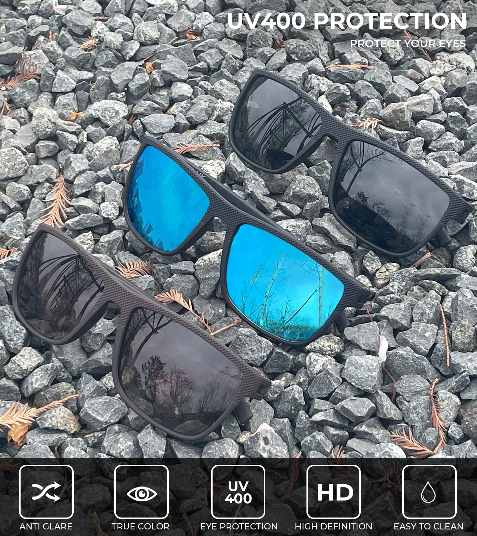 KALIYADI Polarized Sunglasses Men, Lightweight Mens Sunglasses Polarized UV Protection Driving Fishing Golf (Black/Ice Blue/Brown)
