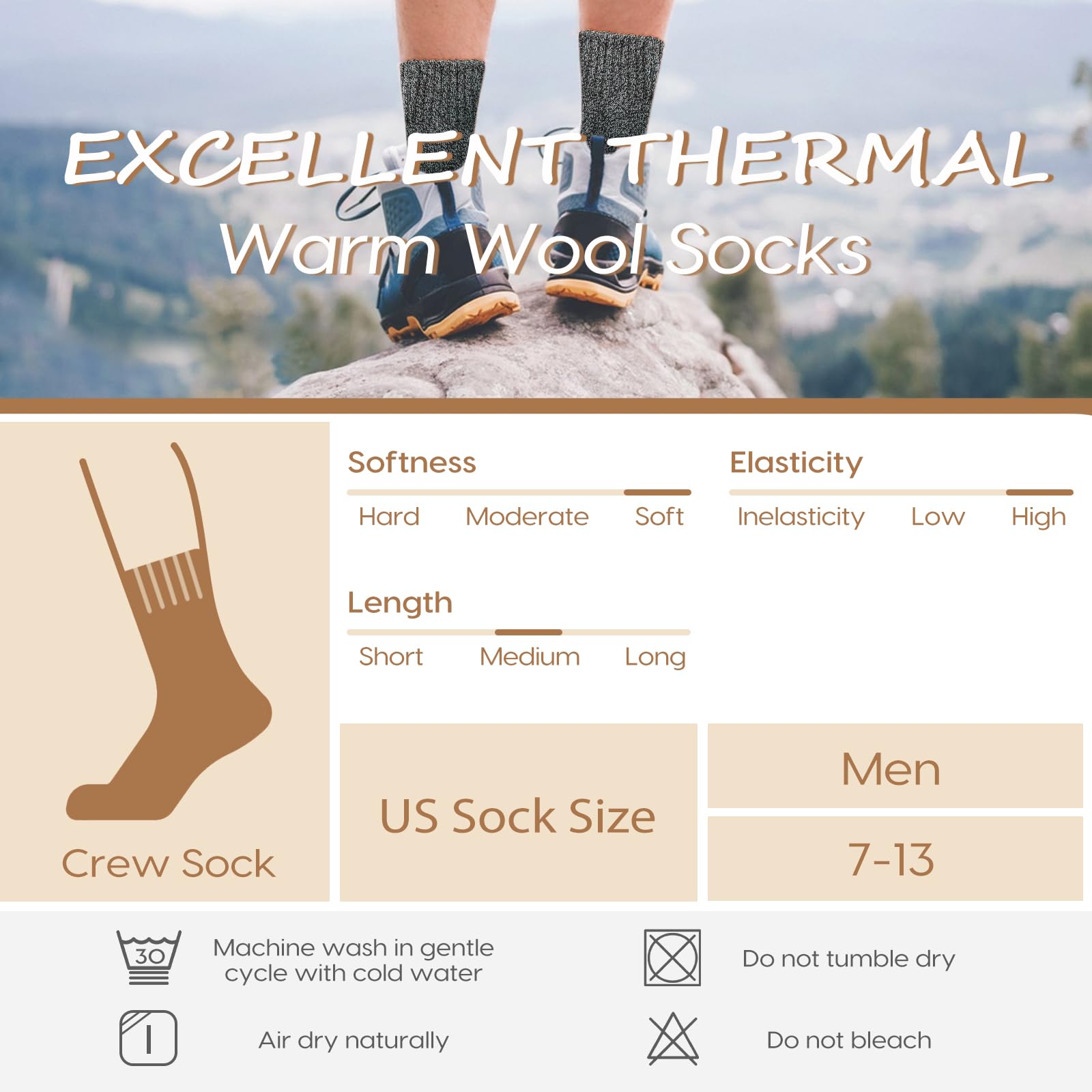 EXCELLENT THERMAL Wool Socks Mens, Winter Thermal Socks for Men, Soft Crew Hiking Socks Warm Mens Socks fit US 7-13(5 Pairs)