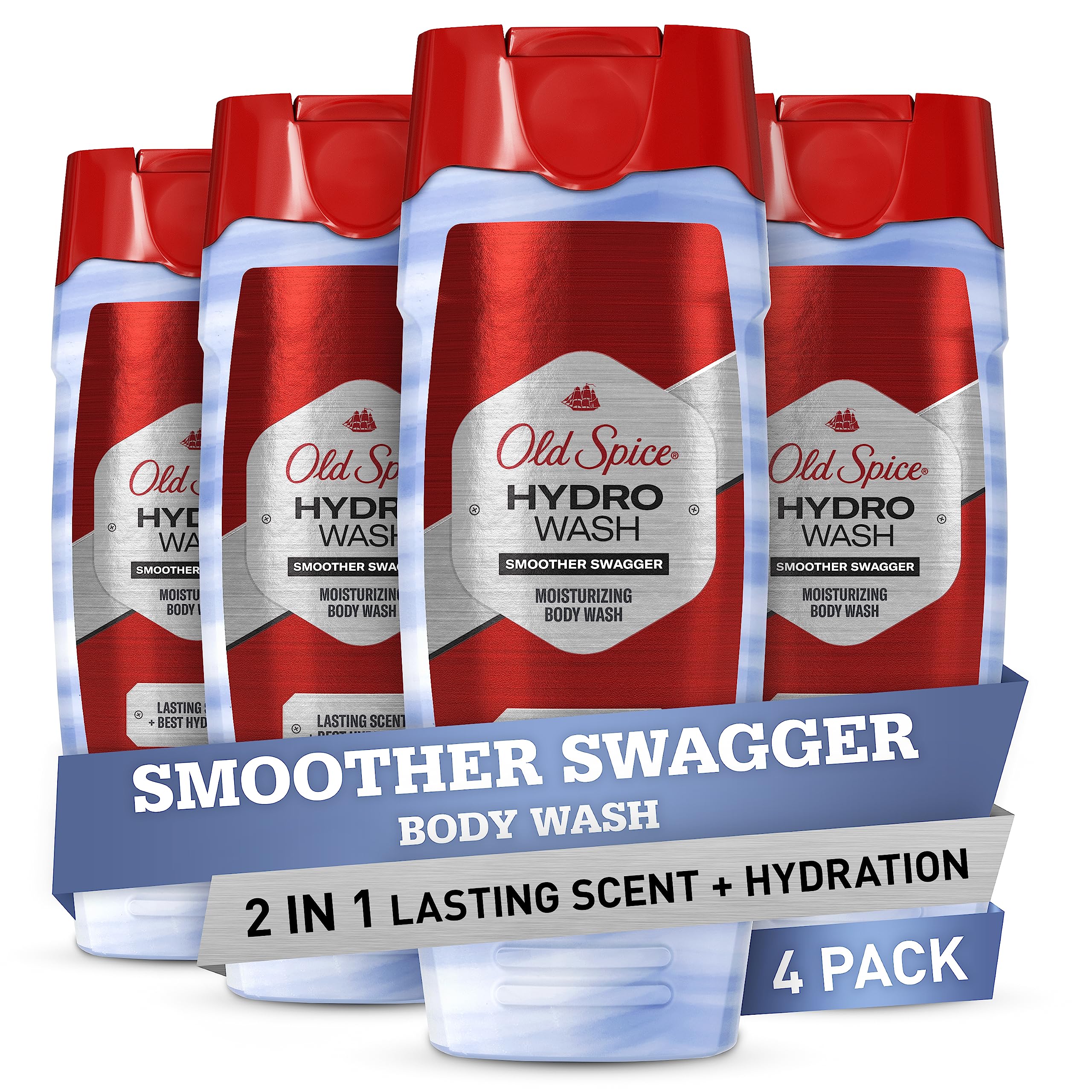 Old Spice Hydro Body Wash for Men, 2 in 1 Lasting Scent + Hydration, Hardest Working Collection, Smoother Swagger Scent, 16 Ounce (Pack of 4)