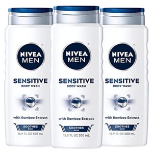 nivea men sensitive body wash with bamboo extract, 3 pack of 16.9 fl oz bottles