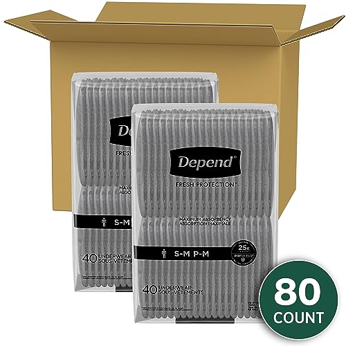 Depend Fresh Protection Adult Incontinence Underwear for Men, Disposable, Maximum, Small/Medium, Grey, 80 Count (2 Packs of 40), Packaging May Vary