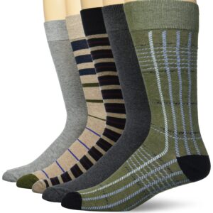 Amazon Essentials Men's Patterned Dress Socks, 5 Pairs, Black/Brown/Dark Grey/Green/Grey, 13-15