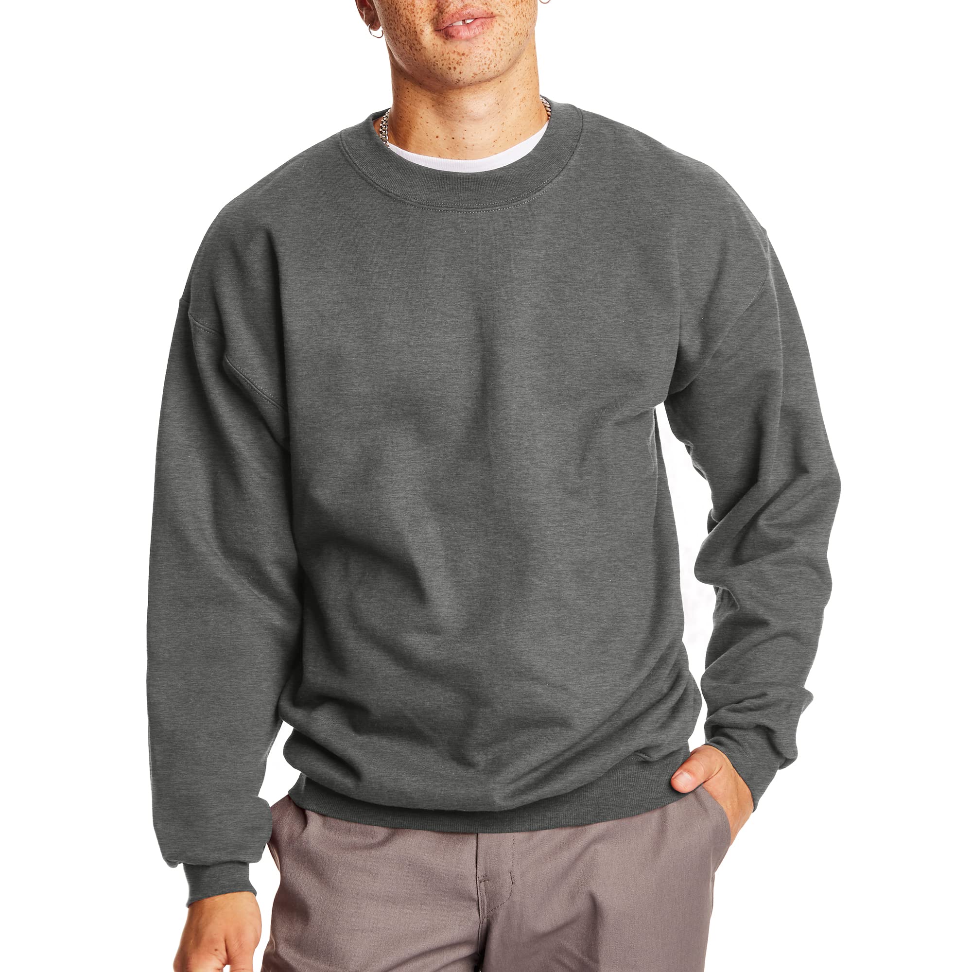 Hanes Men's Spread neck Ultimate Cotton Heavyweight, Long Sleeve, Charcoal Heather, Medium