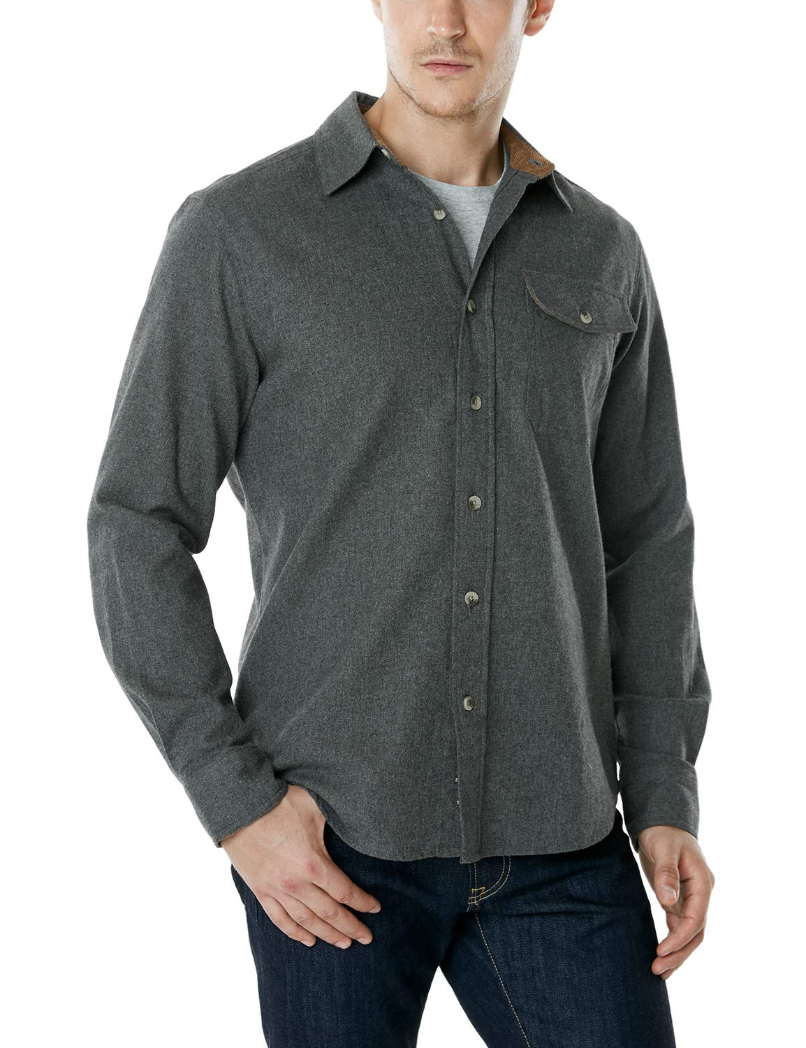 CQR Men's All Cotton Flannel Shirt, Long Sleeve Casual Button Up Plaid Shirt, Brushed Soft Outdoor Shirts, Solid Grey, X-Large