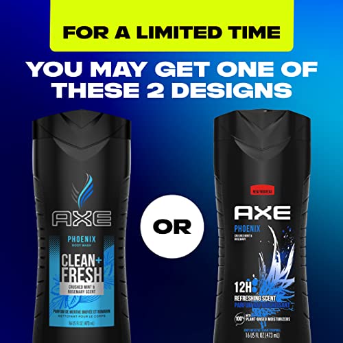 AXE Body Wash Phoenix 4 Count 12h Refreshing Scent Crushed Mint & Rosemary Men's Body Wash with 100% Plant-Based Moisturizers 16 oz