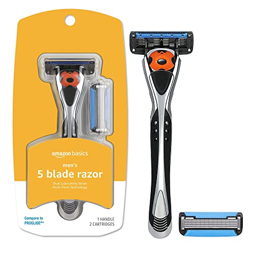 Amazon Basics 5-Blade MotionSphere Razor for Men with Dual Lubrication and Precision Beard Trimmer, Handle & 2 Cartridges (Cartridges fit Razor Handles only)