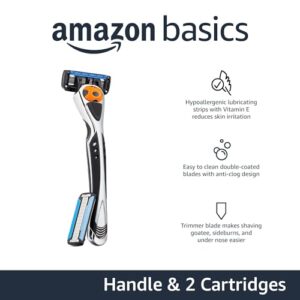 Amazon Basics 5-Blade MotionSphere Razor for Men with Dual Lubrication and Precision Beard Trimmer, Handle & 2 Cartridges (Cartridges fit Razor Handles only)