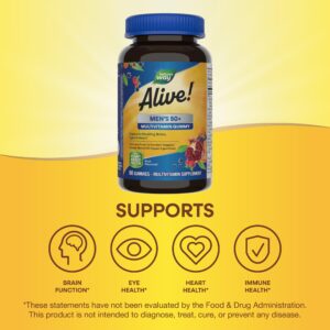 Nature's Way Alive! Men’s 50+ Daily Gummy Multivitamins, Supports Healthy Brain, Eyes, Heart*, B-Vitamins, Gluten-Free, Vegetarian, Fruit Flavored, 60 Gummies (Packaging May Vary)