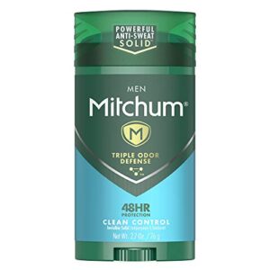 mitchum men's deodorant, antiperspirant stick, triple odor defense invisible solid, 48 hr protection, dermatologist tested, clean control, 2.7 oz (pack of 1)