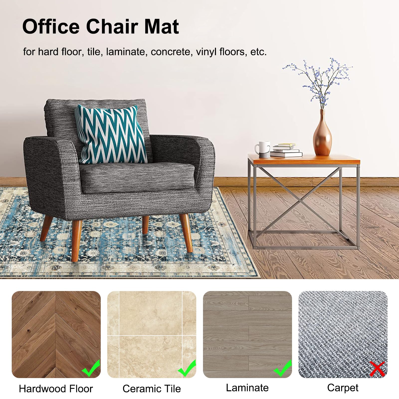 Anidaroel Home Office Chair Mat for Hardwood Floor, 36"x48" Office Chair Rug Protector for Rolling Chair, Computer Gaming Chair Mat, Low Pile Carpet Floor Chair Mat