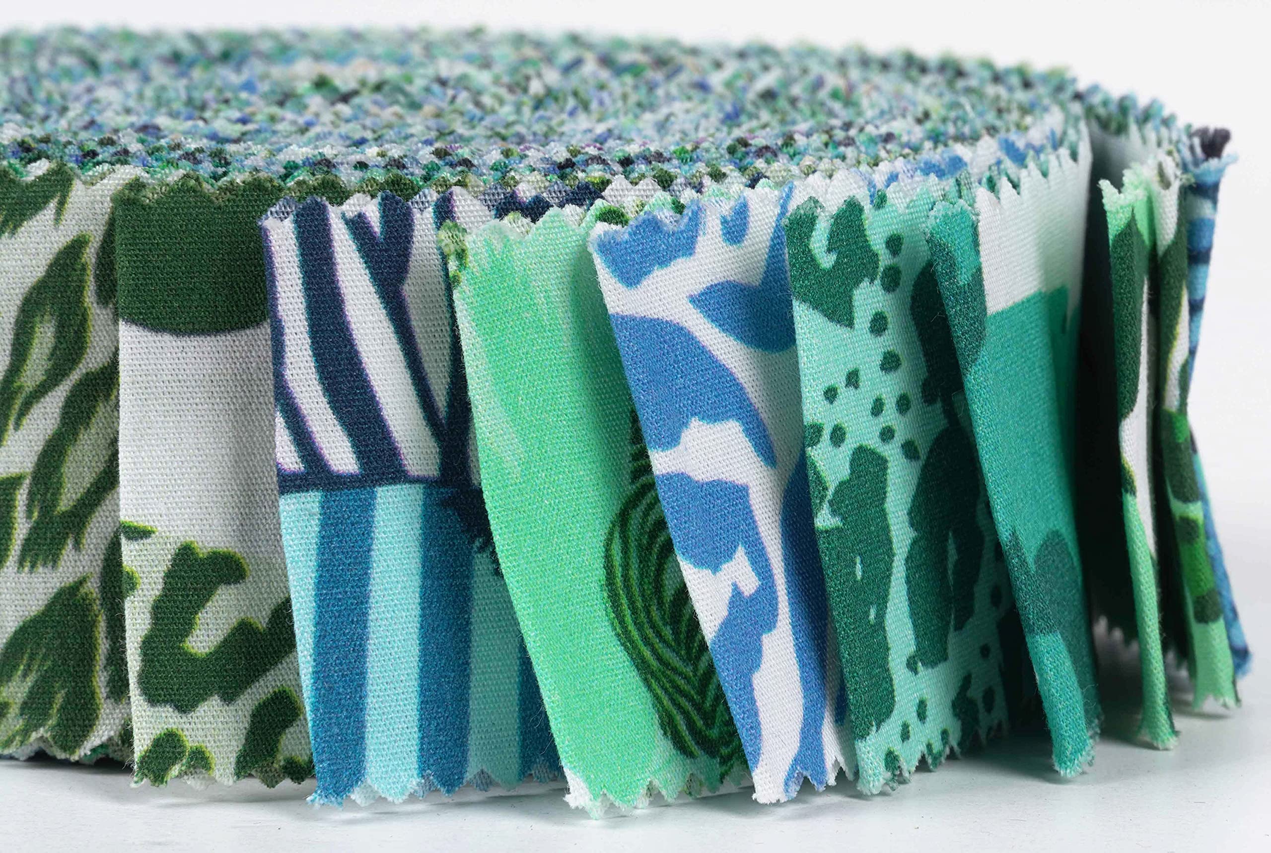 Soimoi 40Pcs Animals Print Precut Fabrics Strips Roll Up 1.5x42inches Cotton Jelly Rolls for Quilting - Teal Green