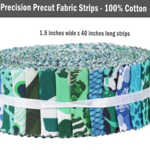 Soimoi 40Pcs Animals Print Precut Fabrics Strips Roll Up 1.5x42inches Cotton Jelly Rolls for Quilting - Teal Green