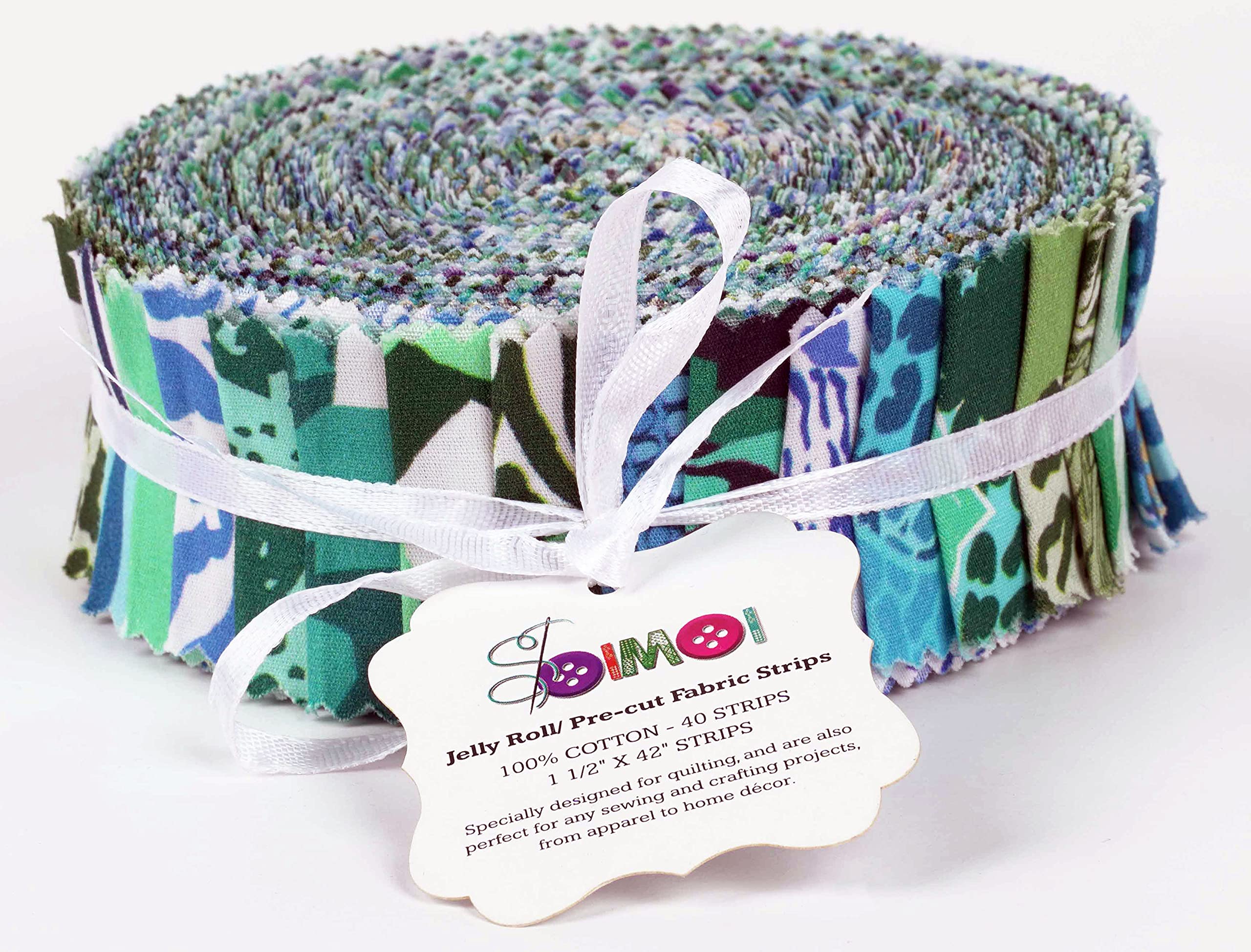 Soimoi 40Pcs Animals Print Precut Fabrics Strips Roll Up 1.5x42inches Cotton Jelly Rolls for Quilting - Teal Green