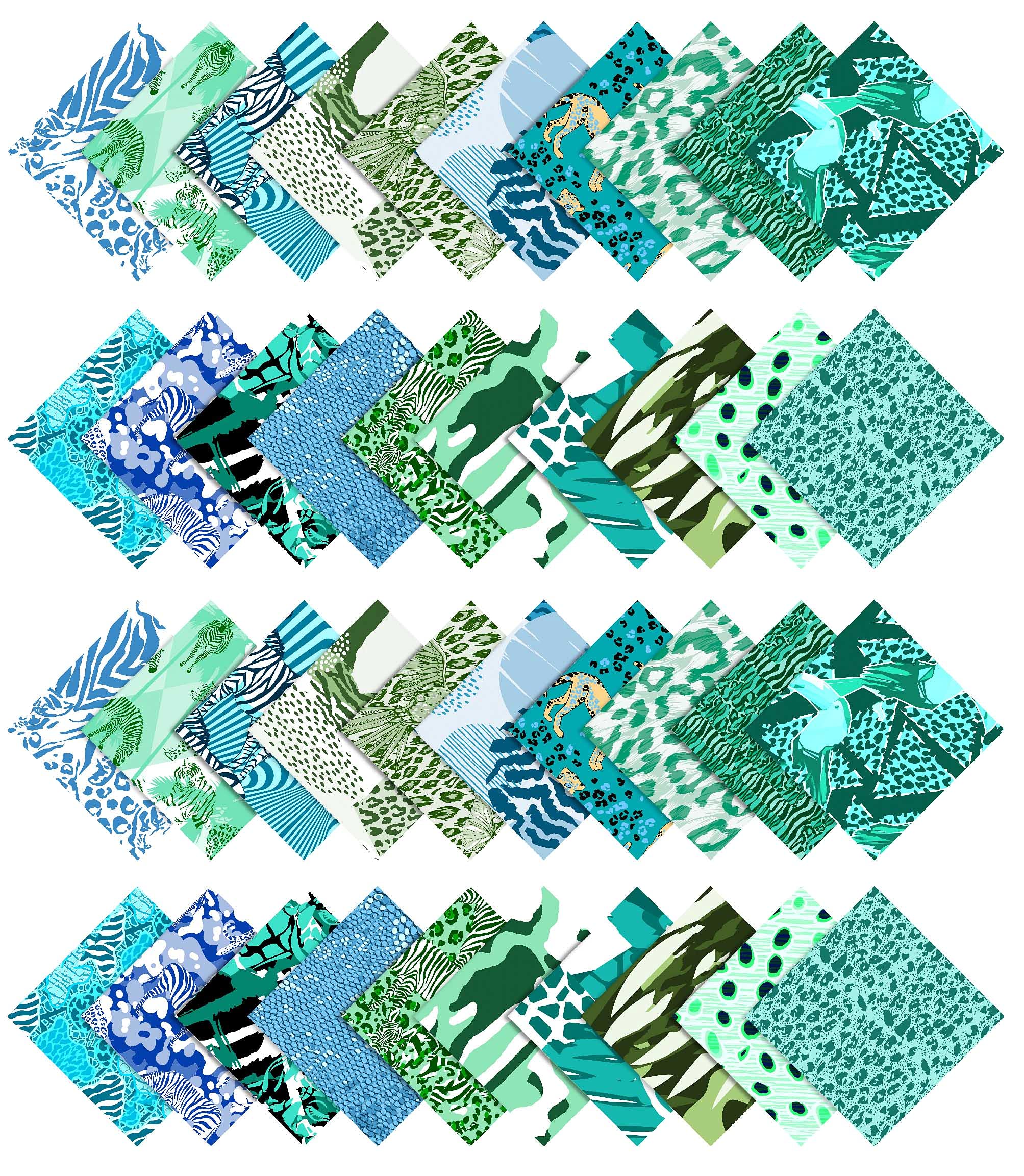 Soimoi 40Pcs Animals Print Precut Fabrics Strips Roll Up 1.5x42inches Cotton Jelly Rolls for Quilting - Teal Green