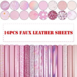 16 Pieces 8x6 Inch Pink and Baby Pink Series Faux Leather Fabric Sheets Include Metallic Litchi Fine Chunky Glitter Holographic Flamingo Patent Embossing Mermaid Scale for Leather Earring Bows Making