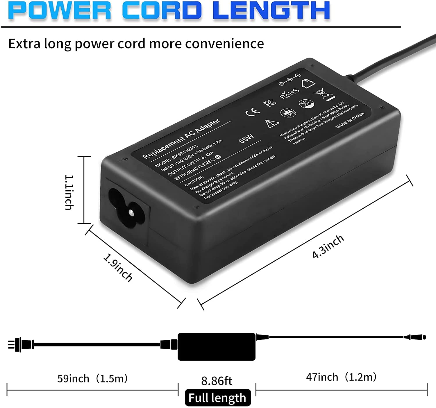 N15Q8 N15Q9 N16P1 N20C5 65W 19V 3.42A Charger Replacement for Acer Laptop AC Adapter A13-045N2A A11-065N1A Pa-1450-26 Aspire 1 5 R15 Slim A515-54 Chromebook C738T C740 Spin 1 3 5 Swift 3 Power Cord