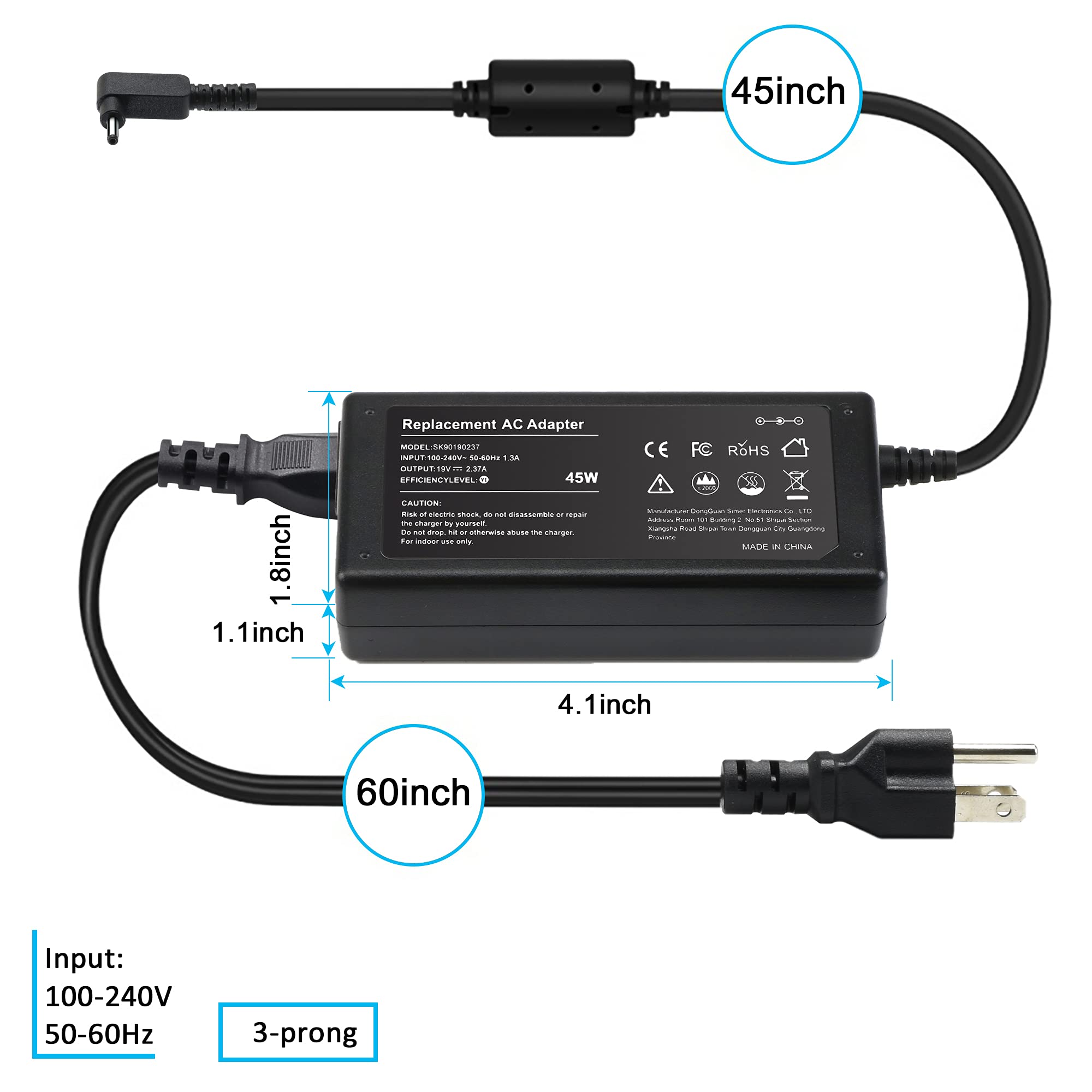 19V 2.37A 45W AC Charger for Acer Chromebook - Fit for Acer Aspire 5 3 1 Laptop A515-46 A515-43 A515-56 A515-43-R19L A515-54 A515-54G A515-55 A517-52 A515-44 Adapter Power Supply Cord