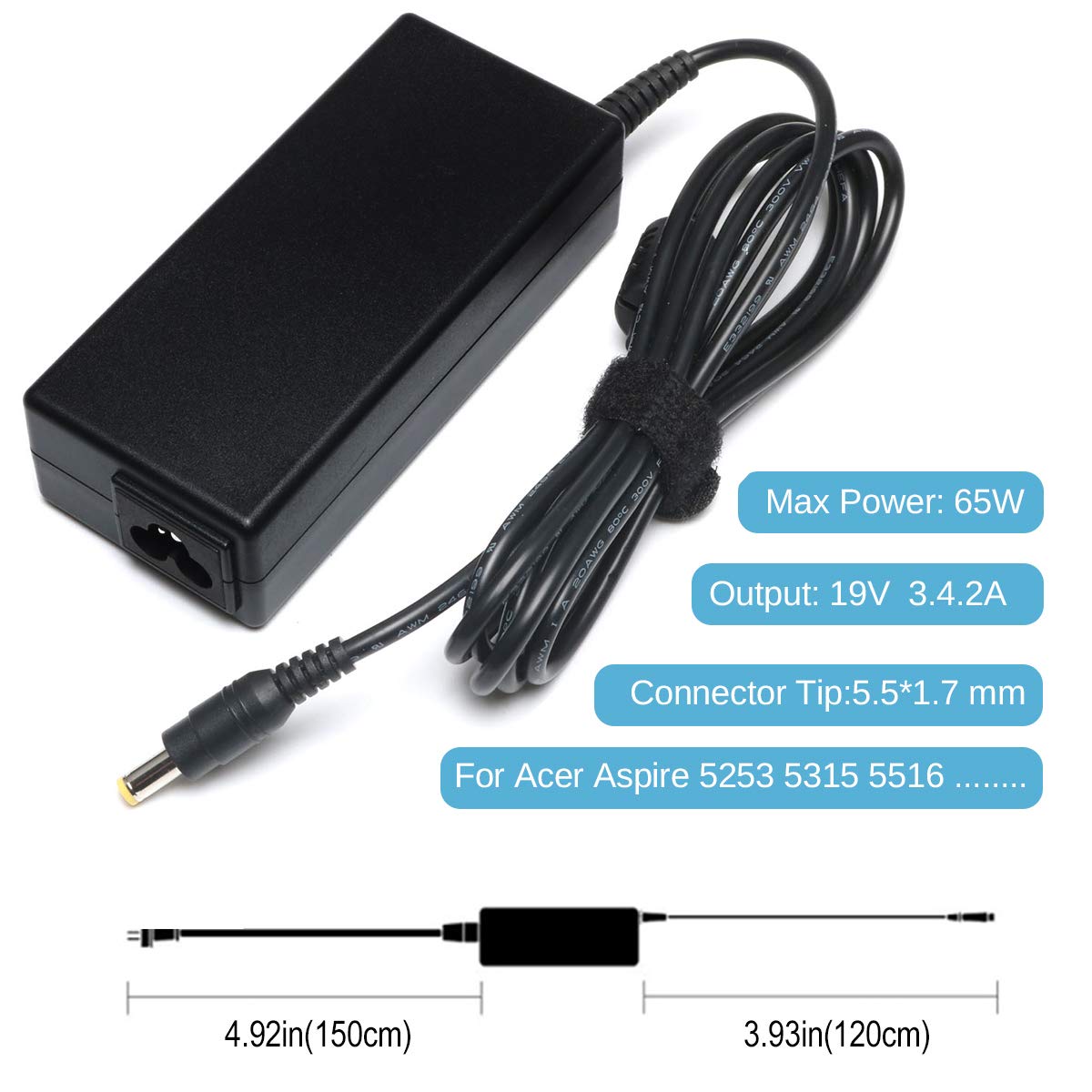 65W 19V 3.42A AC Adapter Charger for Acer Aspire V3 V5 E1 E3 E5 ES1 R3 M5 F5 5000 5100 5250 6920 7741Z N15Q1 N16Q2 Laptop Power Supply Cord Monitor for Acer LCD H236HL SA230 G276HL S230HL G246HL