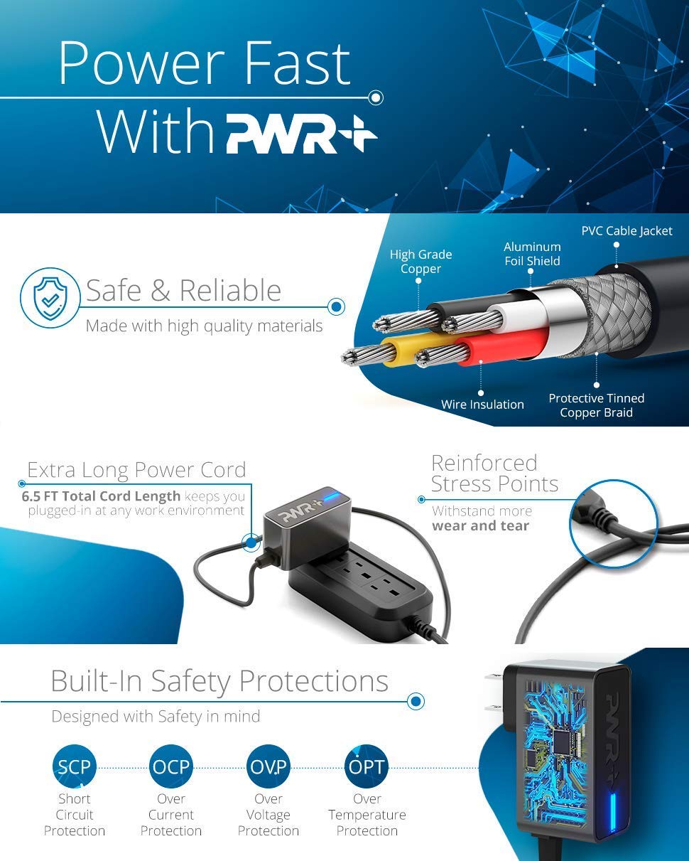 Pwr+ Rapid 2A Charger for Acer One 10 S1002 N15P2 N15PZ (Select Models Only) Chromo Inc; iRulu; Zeepad; Dragon Touch; AGPTek; KingPad; LA-520 LA-520W - UL Listed, 6.5 Ft