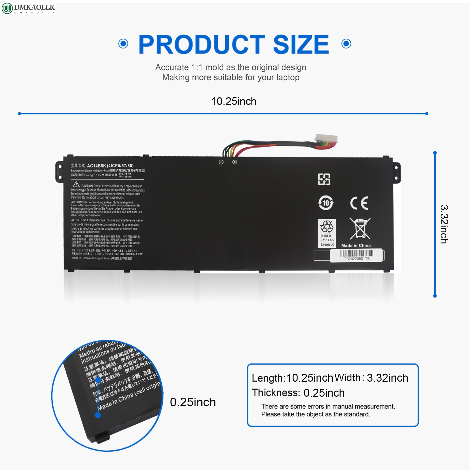 AC14B8K Battery for Acer Predator Helios 300 N17C1 PH315-51 PH315-52 G3-571 G3-572 N18Q13 Nitro 5 AN515 AN515-53 AN515-54 Aspire R5-471T R5-571T R5-571TG Chromebook CB5-571 Swift SF314 4ICP5/57/80