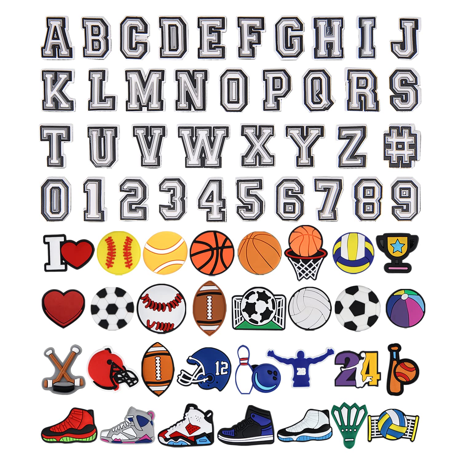 Letters Numbers and Sports Charms for Clog Shoe Decoration, Basketball Baseball Hockey Softball Soccer Football Gift for Boys Kids Teens and Adults