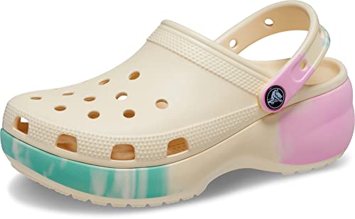 Crocs Women's Classic Graphic Platform Clogs, Platform Shoes, Vanilla/Multi, 8 Women