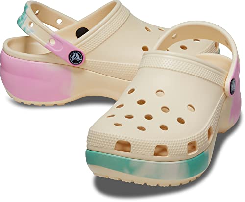 Crocs Women's Classic Graphic Platform Clogs, Platform Shoes, Vanilla/Multi, 8 Women