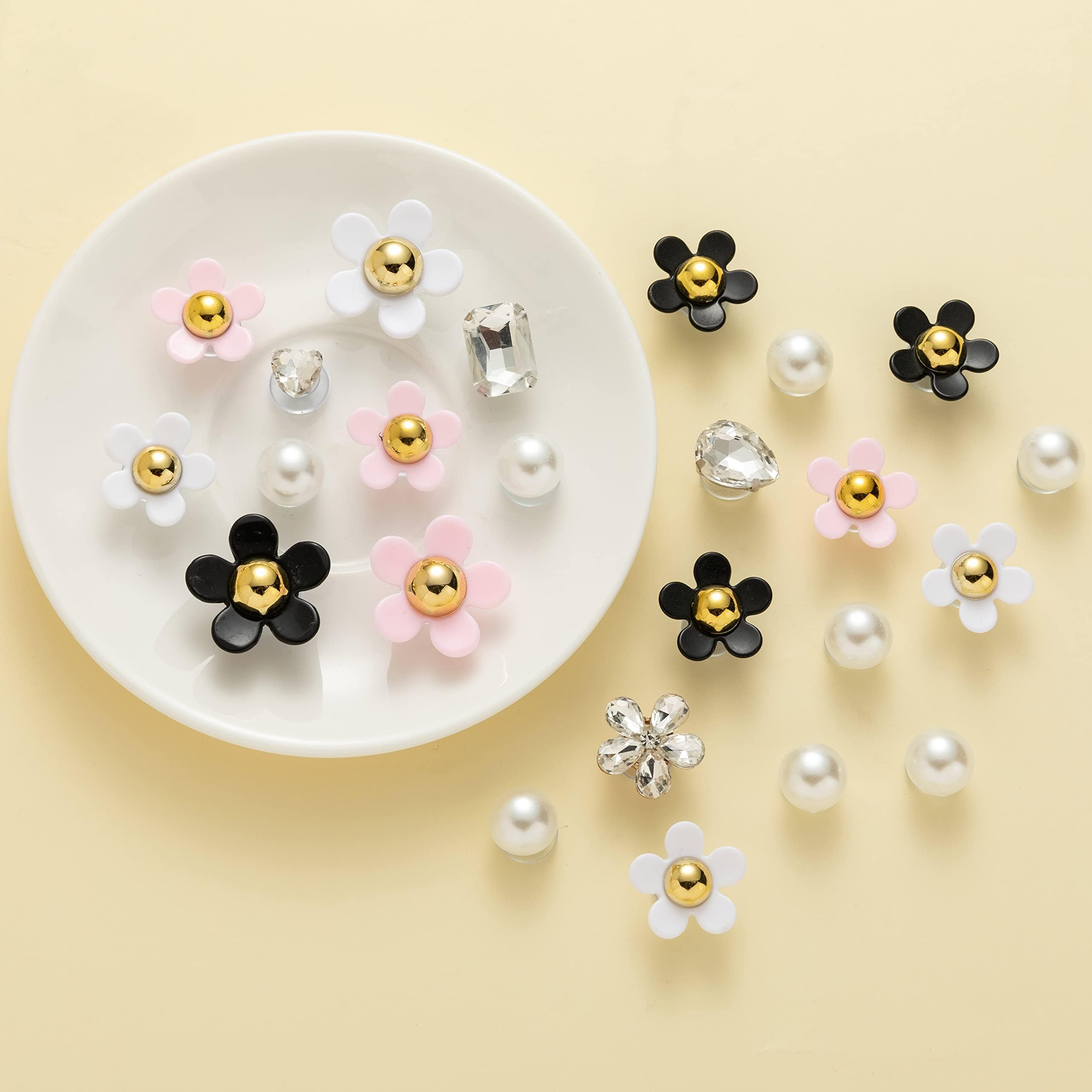 NEVEGE Shoe Charms 24PC, Flower Charms with Crystal Rhinestone & Pearl PVC, Cute Decoration for Girls Shoes