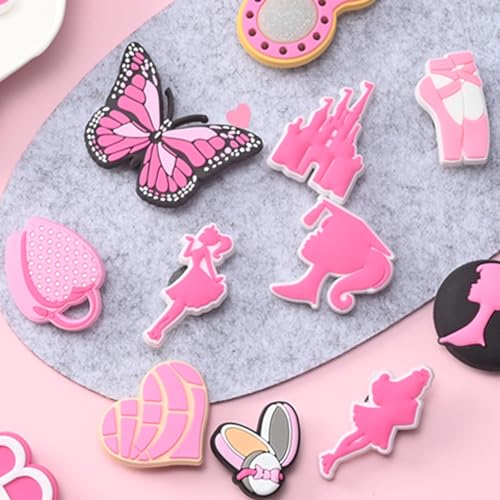 NEVEGE Pink Shoe Charms for Girls Cute Shoe Charms for Adults Teens Kids Pink PVC Shoe Decoration Charms with Buttons for Clog Sandals Birthday Party Gift 30-35PCS