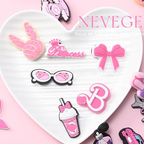 NEVEGE Pink Shoe Charms for Girls Cute Shoe Charms for Adults Teens Kids Pink PVC Shoe Decoration Charms with Buttons for Clog Sandals Birthday Party Gift 30-35PCS