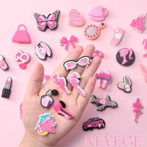 NEVEGE Pink Shoe Charms for Girls Cute Shoe Charms for Adults Teens Kids Pink PVC Shoe Decoration Charms with Buttons for Clog Sandals Birthday Party Gift 30-35PCS