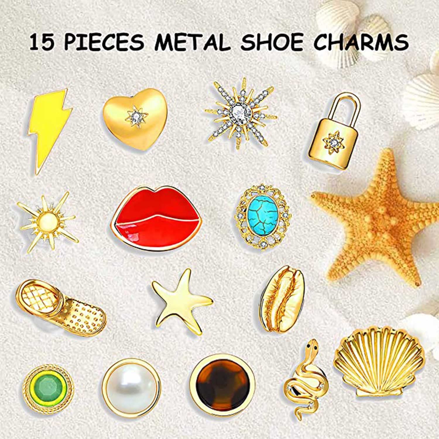 XOCARTIGE Shoe Charms, Rhinestone Crystal Shoe Charm Fits for Clog Sandals Enamel Metal Shell Heart Shoe Decoration Charms for Women Birthday Party Favors (15PCS Multicolored)
