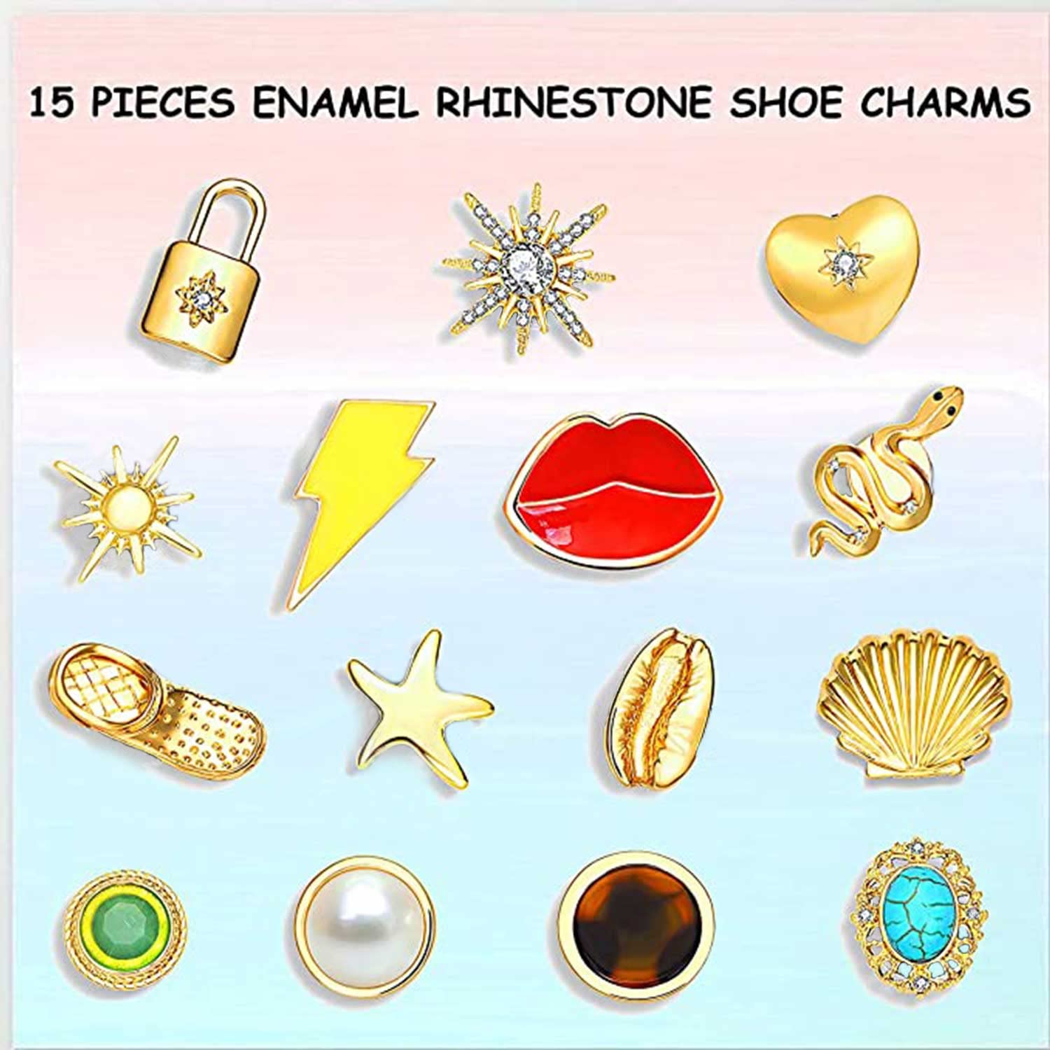 XOCARTIGE Shoe Charms, Rhinestone Crystal Shoe Charm Fits for Clog Sandals Enamel Metal Shell Heart Shoe Decoration Charms for Women Birthday Party Favors (15PCS Multicolored)