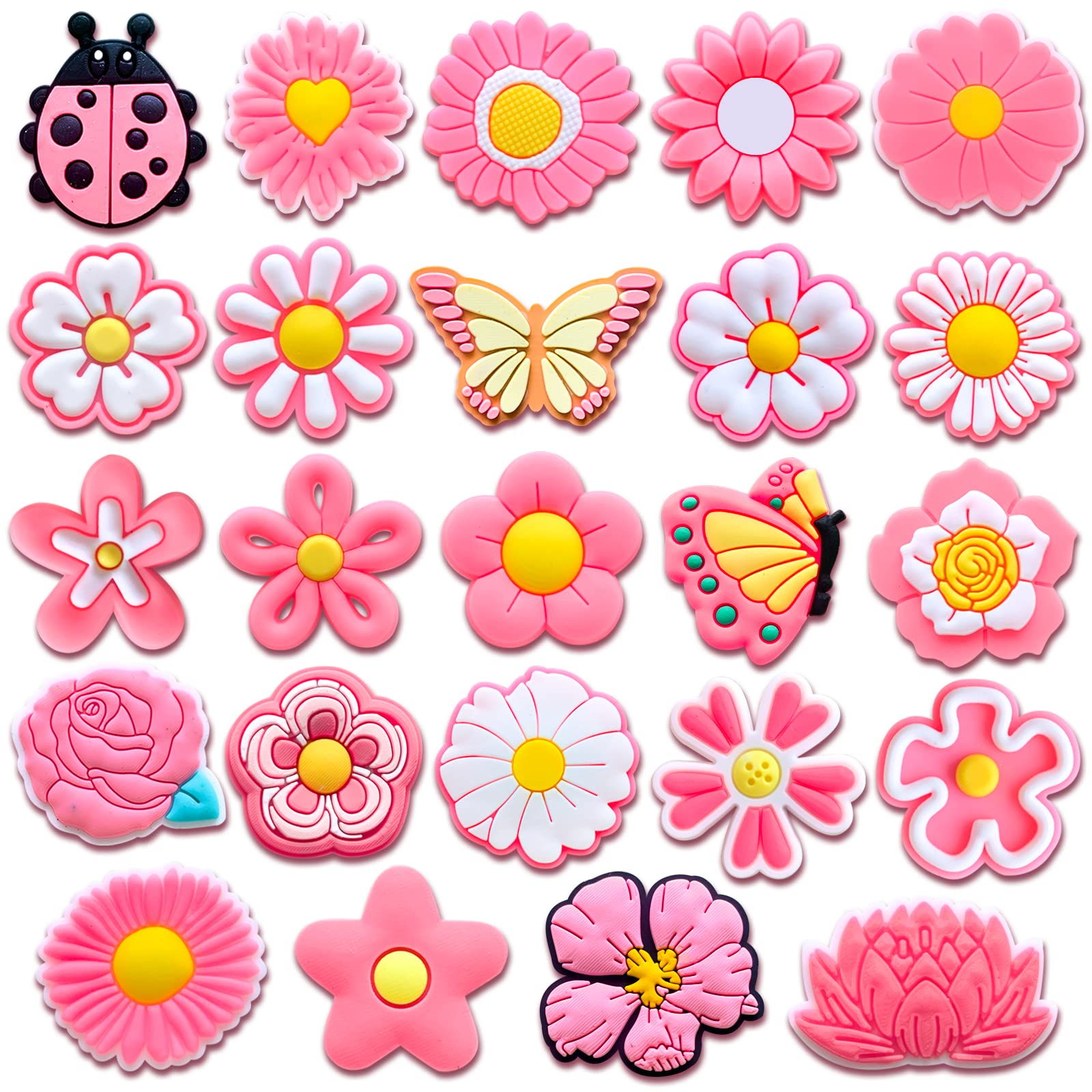 24Pcs Pink Flower Shoe Charms for Clog Sandals Bracelets Decoration,Cute Charms