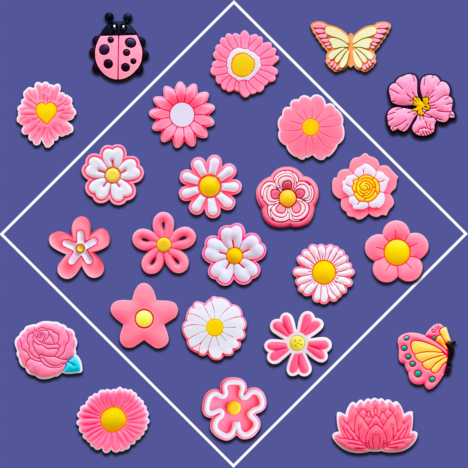 24Pcs Pink Flower Shoe Charms for Clog Sandals Bracelets Decoration,Cute Charms