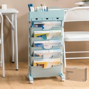 wocfplohtd 6 tier rolling cart,open bookcase and bookshelf,mobile bookshelf with wheels 3 drawer,storage shelving display shelves,narrow rolling storage cart for living room, bedroom, kitchen(blue)